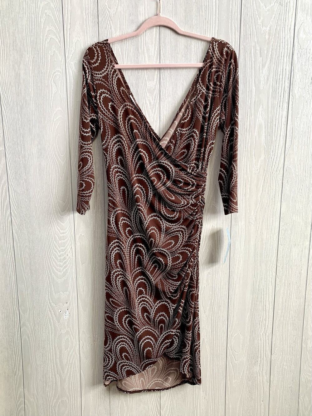 London Times Brown Ivory Long Sleeve Double V-Neck Dress 10 NWT